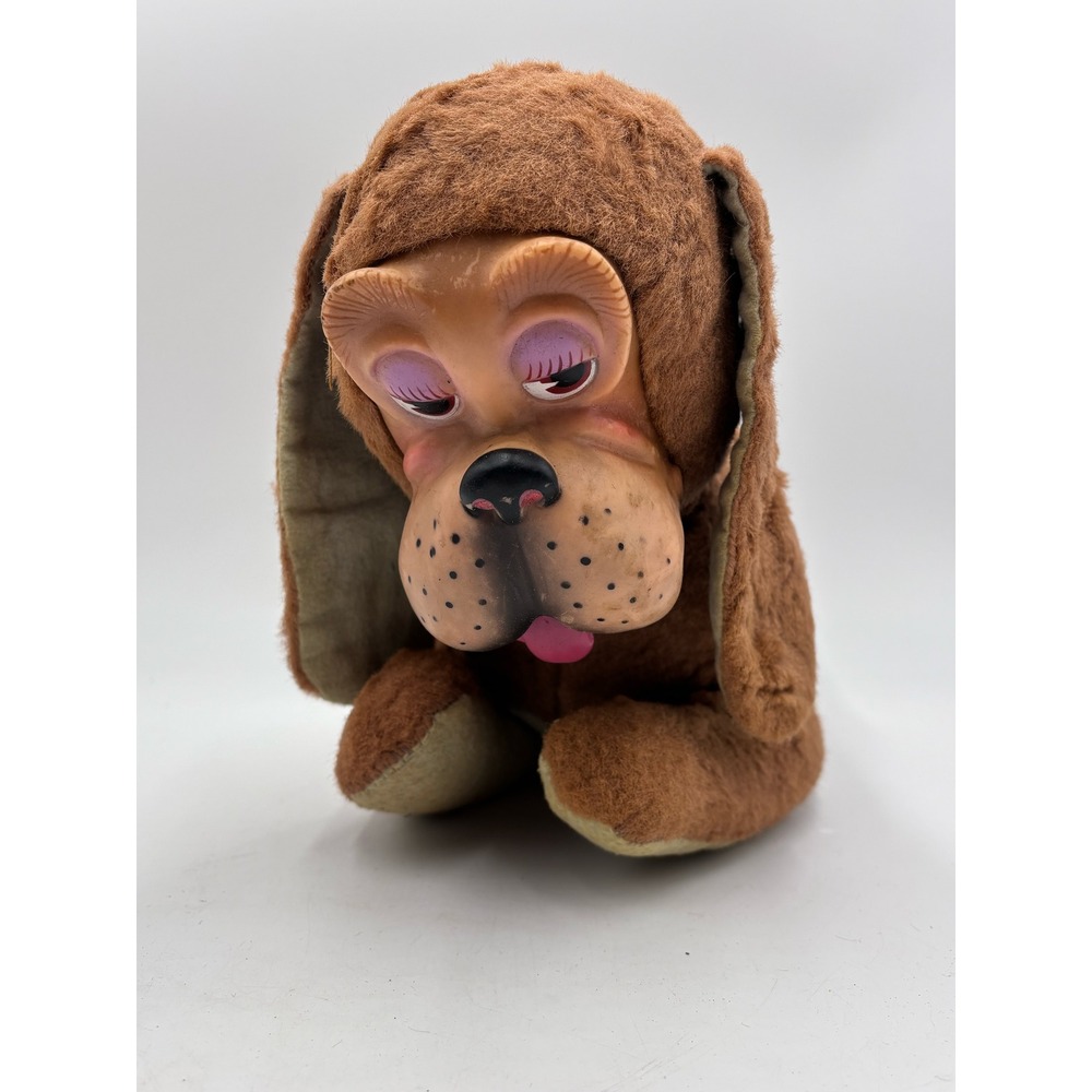 Vintage Rusty Rubber Face Plush Dog Side Eyes Tongue Out Stuffed Animal Kitschy